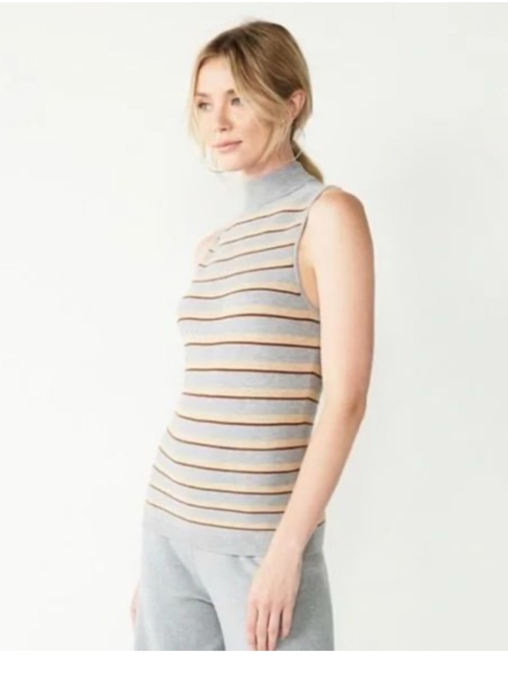 Gray Striped Sleeveless Turtleneck Top